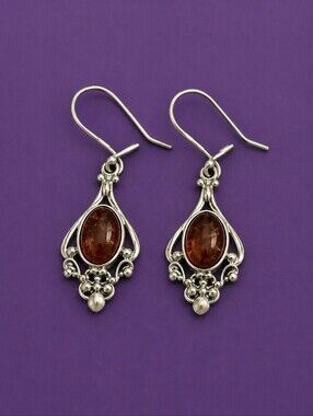 Polish Sterling Silver Amber Victorian Colonial Castlecore Dangle Hook Earrings
